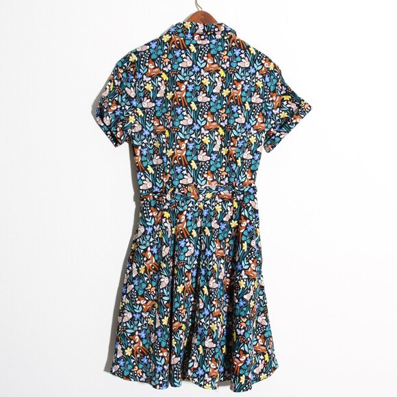 Eva Rose Bambi Floral Fawn Flora Woodland Deer Bunny Rockabilly Mini Shirt Dress - Picture 7 of 9
